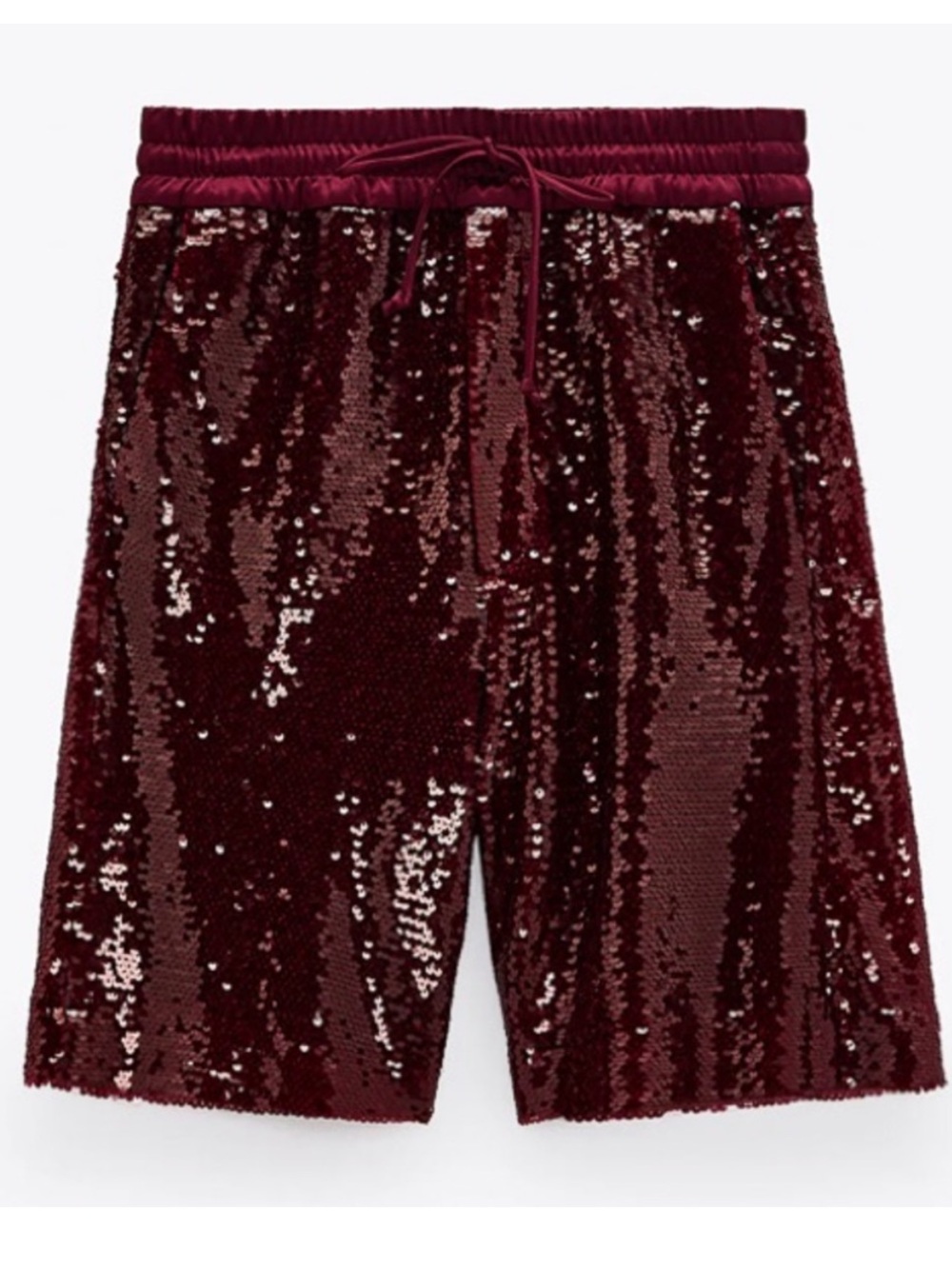 Zara Blogger Favorite Burgundy Red Sequin Long Length Drawstring Shorts Medium